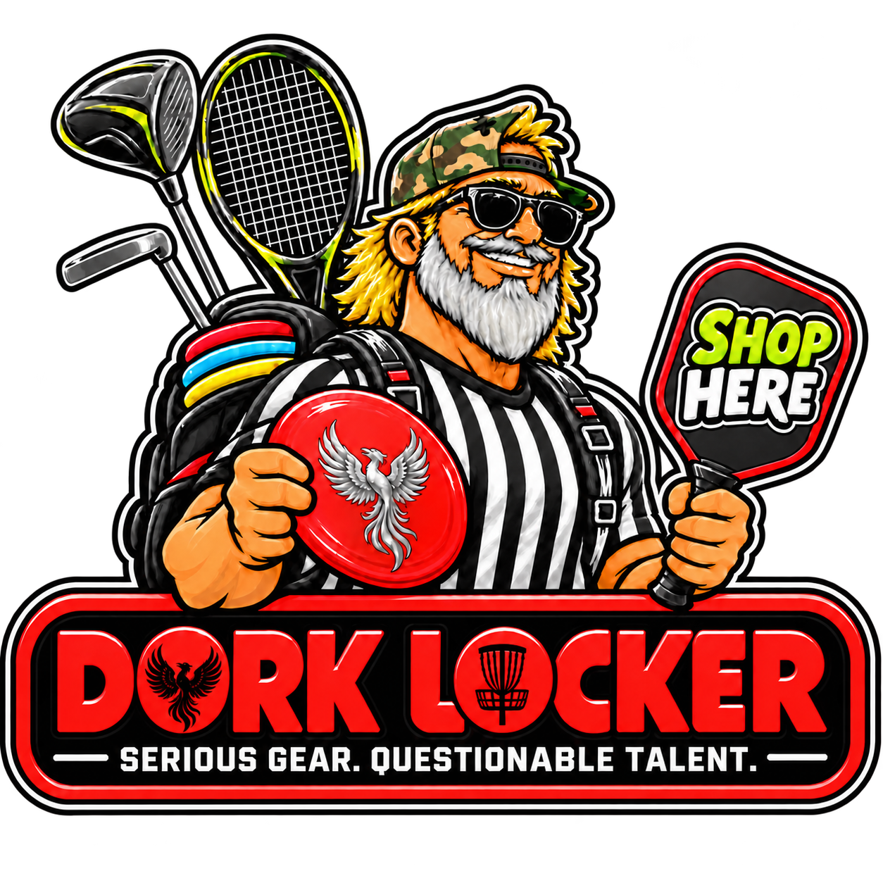 Dork Locker logo — a bearded dork in a referee shirt holding a disc and a paddle that says Shop Here. Serious gear. Questionable talent.